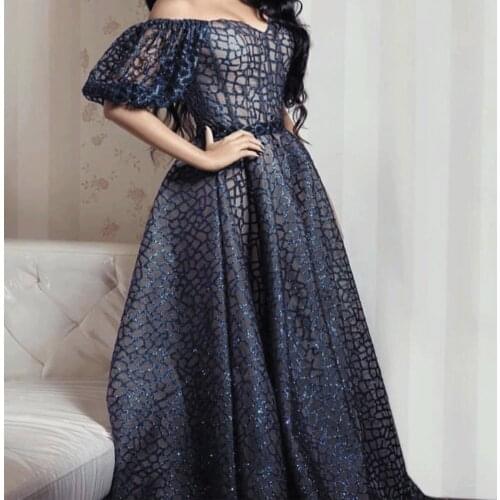SuperKimJo Vestidos De Graduacion Off the Shoulder Navy Blue Prom Dresses Sparkly Elegant Cheap Prom Gown Robe De Soiree