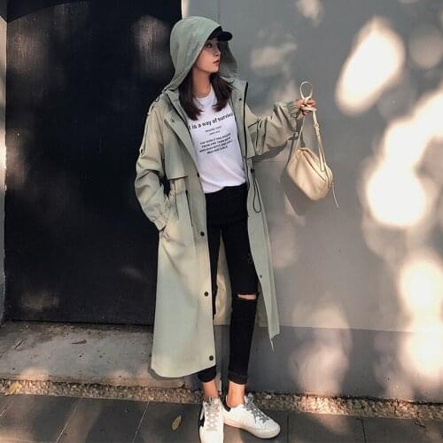 Fashion Womens Trench Coats Hooded Long Adjustable Waist Spring Autumn Windproof Lady Female Casual Clothes Red White Green