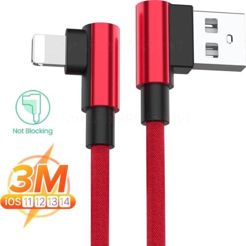 90 Degree Fast Charging USB Charger Cable For iPhone 11 12 Pro Max 6 6s 7 8 Plus X XR Xs SE 2 iPad Origin Data Cord Long Wire 3m