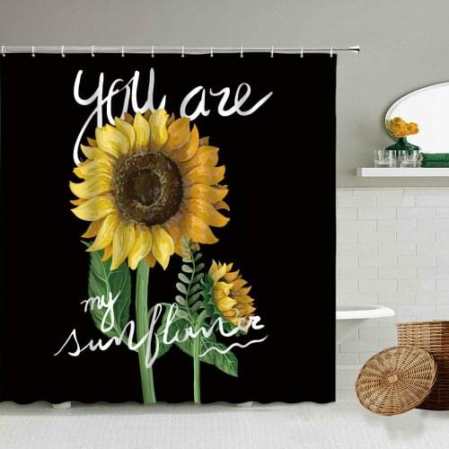 Yellow Sunflower Pattern Shower Curtain Bee Flower Black Background Creative Design Bathroom Waterproof Curtains Home Decoration