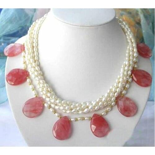 Pearl Necklace,Handwork 5Rows Faceted Crystal White Rice Freshwater Pearl Necklace,Perfect Women Chirstmas Gift Jewellery