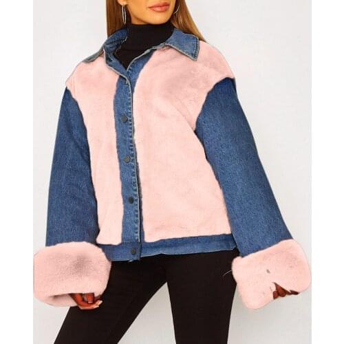 Plush Denim Coat Loose Fur Jacket Single Breasted Overcoat For Women Pink Winter Retro New Style Casual Women Thick Coat Шуба