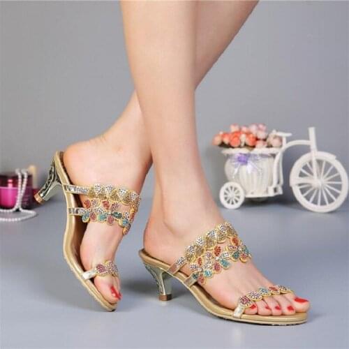 Rhinestone Genuine Leather Kitten Heels Open The Toe Women Summer Slippers Crystal Lady Fashion Slides Plus Size 34-41 SXQ0731