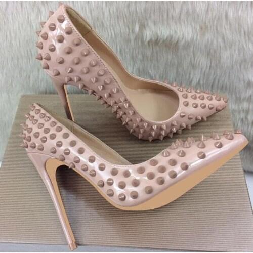 Carpaton Hot Selling Nude Patent Leather Rivets Studded High Heel Shoes Sexy Pointed Toe Woman Pumps Shallow Stiletto Heels