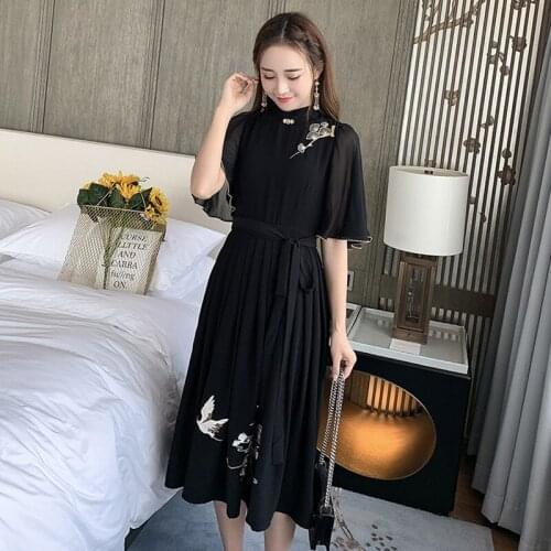 2020 summer fashion temperament large size womens embroidered mid-length dress waist slimming chiffon dress female m