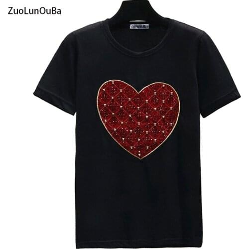 ZuoLunOuBa Summer Light Extravagance Cotton One Size Women T Shirt Hot Diamond Red Plaid Love Heart Loose Lady Tees Tops Female