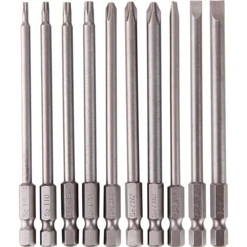 10Pcs /SET 100mm 1/4" Hex Magnetic Hollow Torx Cross Flat Screwdriver Bits Driver Bits Anti Slip Electric Screwdriver Bits