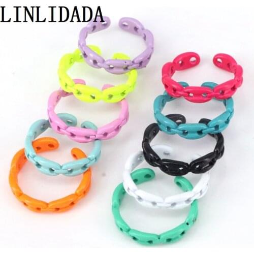 10Pcs New trendy simple circle finger ring for women rainbow color ring for summer brass baked enamel jewelry adjustable ring