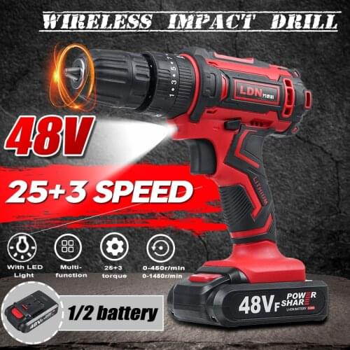 48V 25+3 Torque Cordless Drill Electric Impact Drill Electric Hammer Drill Screwdriver Power Tool With 2pcs Lithium-Ion Battery