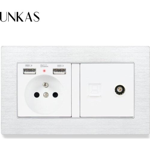 UNKAS Aluminum Panel Brushed French Standard Socket With Dual USB Port + RJ45 Internet Computer Jack and Television Power Outlet