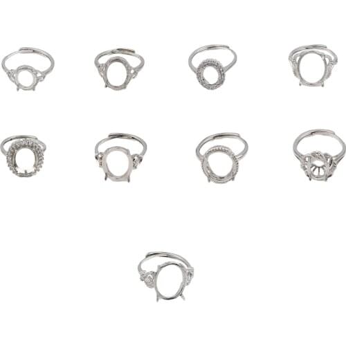 White Copper Open Adjustable Rings Silver Color Oval Heart Round Cabochon Settings For DIY Making Jewelry 18.1mm(US Size 8), 1PC