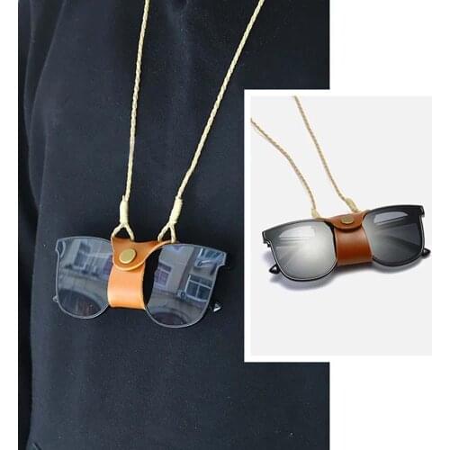 New Fashion Hanging Neck Clip Glasses Bags Women Men Portable Case Leather Glasses Lanyard Cute Protection Cover