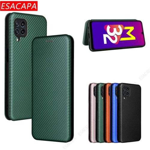 Carbon Fiber Card Slot Stand Case For Samsung Galaxy M32 S21 FE A22 M12 F12 Flip Magnetic Leather Cover For SM-M325FV SM-M325F