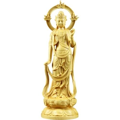 Solid wood flame Guanyin carved Buddha statue Chinese Buddha Modern art hand-carved Home living room bedroom lucky statue