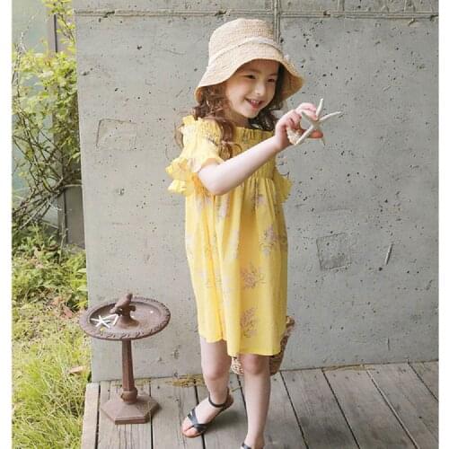 Elegant Floral Baby Girls Dress Summer Sweet Off-shoulder Elastic Shirring Dresses for Girl Childrens Clothing
