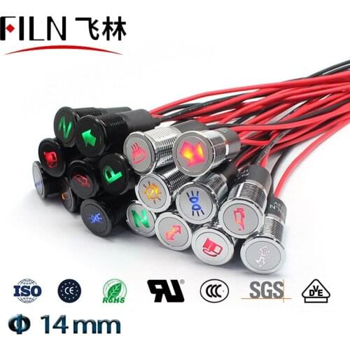 FILN 14mm black shell led red yellow blue green car applicance symbol 12v led indicator light with 20cm cable