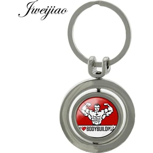 JWEIJIAO I Love bodybuilding Keychain Revolving Weightlifting Double Sides Glass Cabochon Rotatable Key Rings Sp260