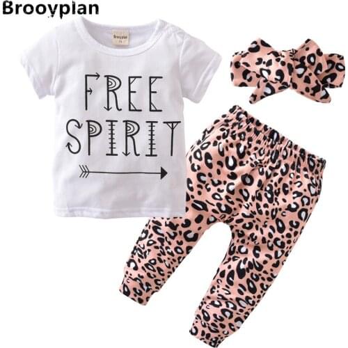 Baby Girls Clothing Set Short sleeve Fashion T-shirt Letter T-shirt+Leopard Pants+Headband Infant 3Pcs Newborn Baby Girl Clothes