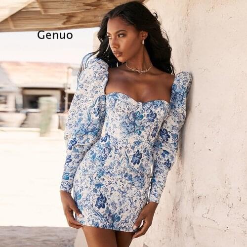 Long Sleeve Short Skirt Sexy Square Collar Print Ladies Skinny Dress 2021 Slim Low Cut Bohemia Casual Mini Bodycon Dress Mujer