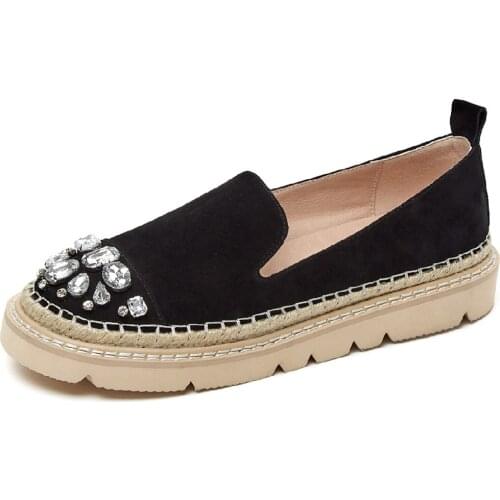 Womens natural suede leather thick sole platform flats loafers leisure soft comfortable moccasins crystal decoration daily shoe