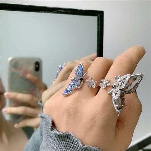 New Trendy Elegant Zircon Butterfly Big Crystal Opening Ring Rhinestone Ring Female Girl Wedding Banquet Jewelry Fine Gift