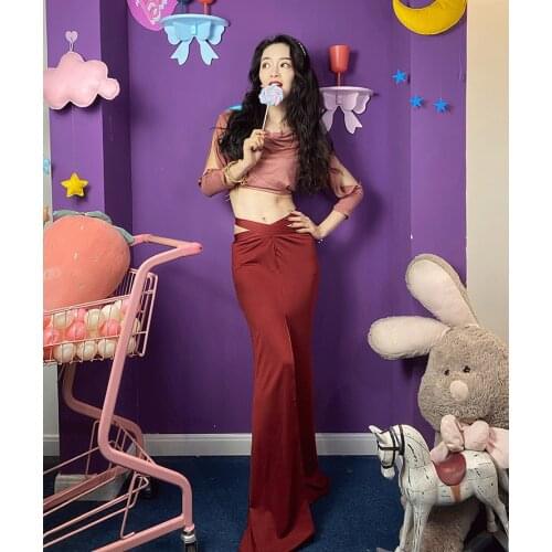 New Women Sexy And Elegance Belly Dance Practice Suit 2 Piece Set Belly Dance Split Long Skirt Long Sleeve Blouse Red