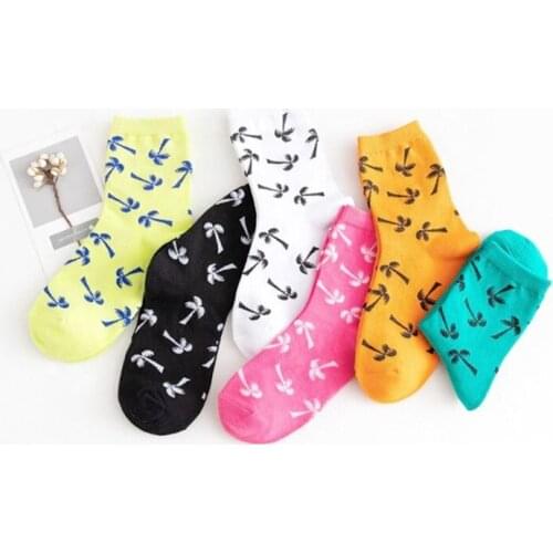 Autumn Middle Stockings White Coconut Palm Pattern Full Cotton Fashionable School Custom Socks