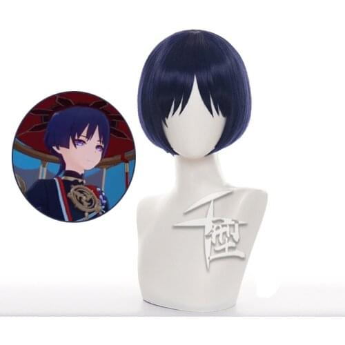 Game Genshin Impact Scaramouche Dark Blue Short Wig Cosplay Costume Heat Resistant Synthetic Hair Men Women Carnival Party Wigs