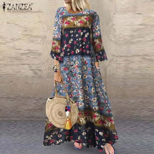 ZANZEA Women Dress Vintage Floral Printed Sundress Robe 3/4 Sleeve Party Dresses Autumn Bohemian Long Vestido Cotton Linen Dress
