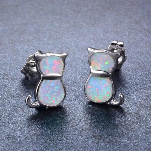 White Blue Opal Animal Earrings Charm Small Cat Stud Earrings For Women Engagement Jewelry Vintage Silver Color Wedding Earrings