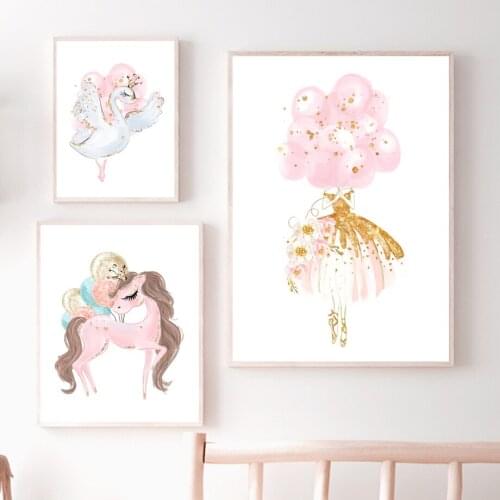 Nordic Posters And Prints Rabbit Unicorn Swan Ballet Fairy Girl Cartoon Art Canvas Painting Wall Pictures For Kids Room Decor