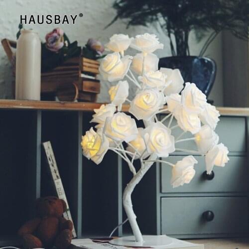 24pcs LED White Pink Rose Flower Bedside Bedroom Night Light Table Lamp Home Decor Simulation Tree Christmas Wedding Party NL02