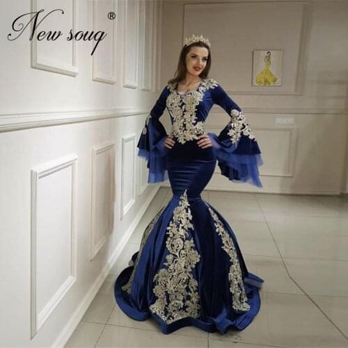 Velvet Appliques Mermaid Evening Dresses 2020 Couture Dubai Long Sleeves Muslim Gowns Arabic Dubai Party Gowns Robe De Soiree
