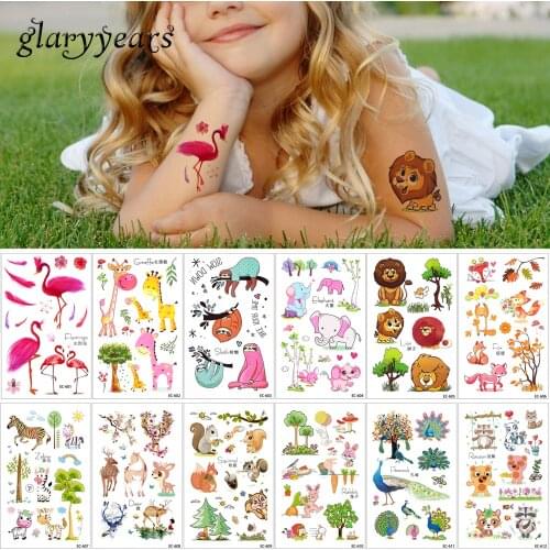 7.5*12cm glaryyears 12 Pieces/set Temporary Children Tattoo Sticker EC Designs Cartoon Fox Flamingo Animal Body Art Tattoos 2019