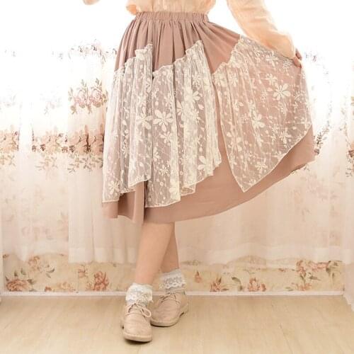 Bohemian Vintage Retro Lolita Ethnic Mori Girl Patchwork A-Line Embroidery Cotton Linen Lace Ruffle Women Elastic Waist Skirt