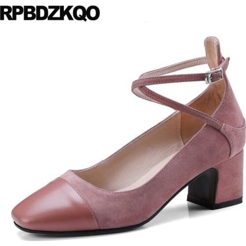 Suede Girls Pumps Closed Trending Chunky Medium Heels Ladies Cross Strap Sandals Square Toe Mint Green Casual Ankle Shoes Low