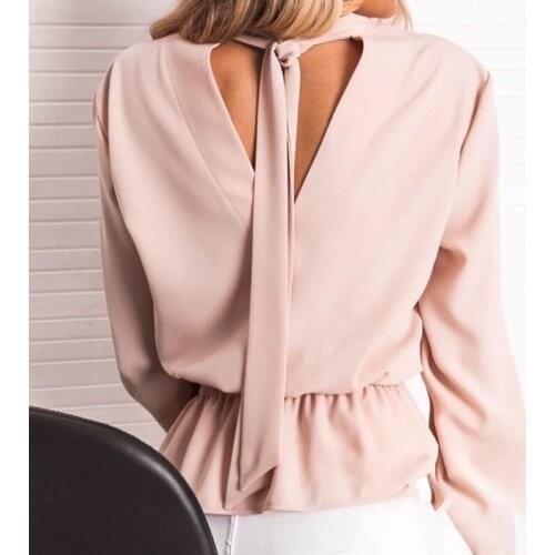 Women Office Lady Ruffled Back Bandage Blouse Flare Sleeve Solid Elegant Casual Tops 2020 Autumn New Fashion Hollow Out Blouse