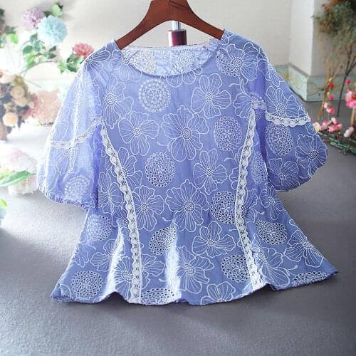 Womens Spring Summer Designer Floral Embroidery Vintage Cotton Shirt Female High Waist Casual Loose Plus Size T Shirt Top TB480