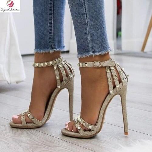 Original Intention Stylish Women Sandals Open Toe Thin High Heels Studded Gold Shoes Woman Plus Size 4-20