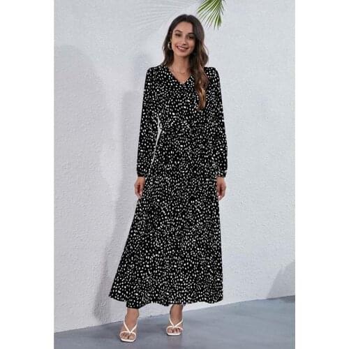 Women Ankle Length V-neck Dot Print Belt Pullover Casual Streetwear Party A Line Dress Autumn Robe Free Shipping