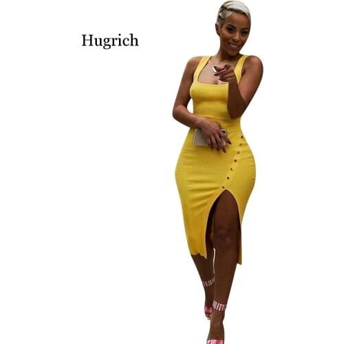 2020 Women Summer Sleeveless Side Spit Knitted Bodycon Midi Tank Dress Knee Length Vintage Sexy Party Dresses Vestidos