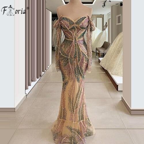 Robe De Soiree 2021 Sexy Off the Shoulder Formal Dress Long Sleeves Multi Color Sequin Lace Trumpet Evening Dress Custom made