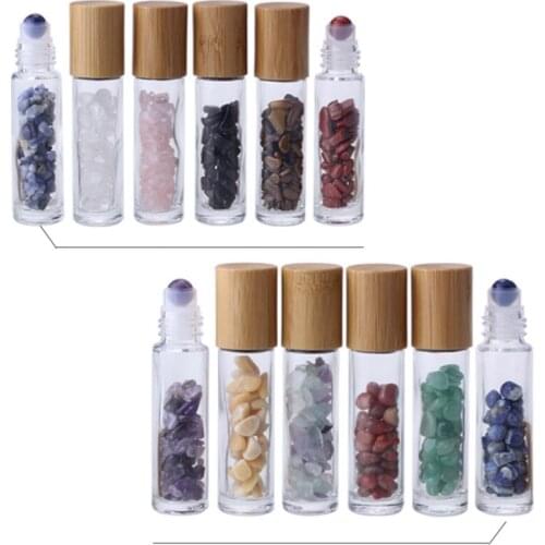 500pcs 10ml empty Natural Gemstones Essential Oil Roller Ball Bottles Transparent Glass With Bamboo Lid Caps