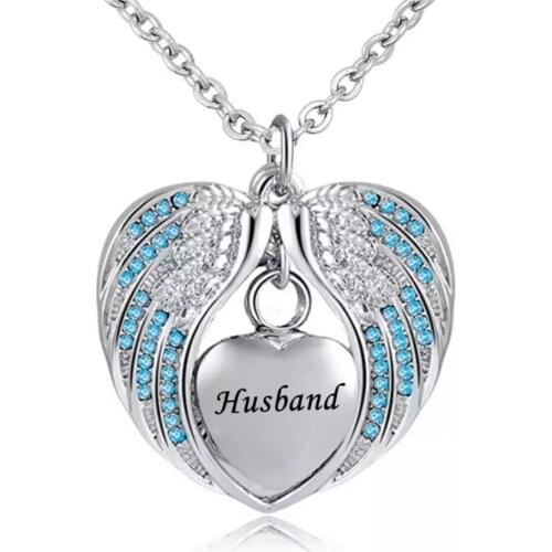 FREE Customize Engrave -Heart Cremation Urn Necklace For Ashes Of Loved Ones Keepsake Memorial Jewelry With Blue Crystal Wing