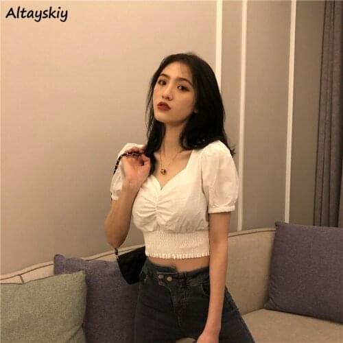 Blouses Women Pure Color Causal Korean Style Square Collar Students Summer Mujer De Moda Female Crop Lantern Sleeve Hipster Ropa