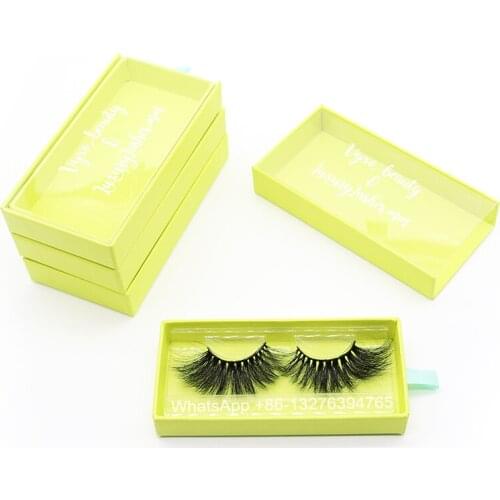 Lemon Green Mink Eyelash Case Whole Window Slide Mink Lash Packaging Box Thick Crisscross Mink Eyelashes Custom Lash Box