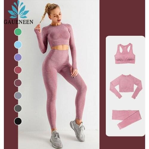 GAUENEEN 3 Piece Set Seamless Yoga Set Sportswear Gym Clothing Tracksuit Sports Bra Crop Top Leggings Workout Clothes for Women