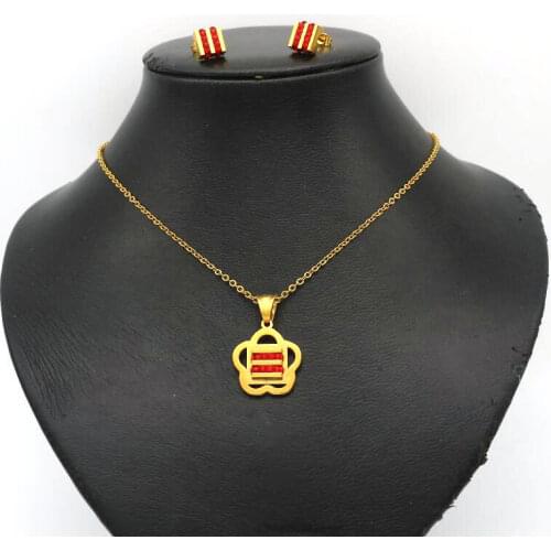 Stainless Steel Gold Silver Color Inlay Red Crystal Plum Blossom Pendant Necklace Earring Jewelry Sets for Women Friend Gift