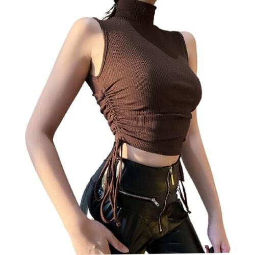 Summer ladies knitted turtleneck vest drawstring short slim solid color sexy street wear party club elegant solid clothes