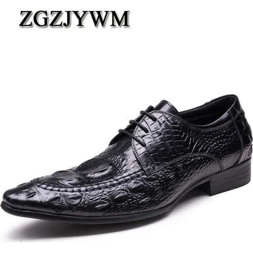 ZGZJYWM Crocodile Grain Black/Wine Red Summer Flats Mens Loafers Lace-Up Wedding Genuine Leather Dress Mens Casual Shoes